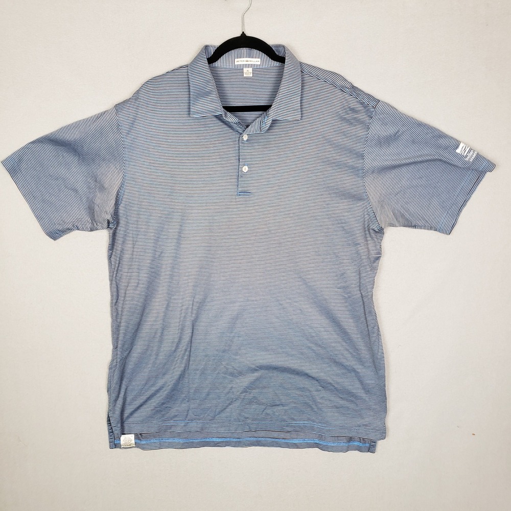 Peter Millar Classic Polo Shirt Blue Brown Stripe 100% Cotton Preppy Golf Dad XL